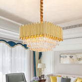 Lámpara de araña de bloques de cristal vintage - Luz de techo colgante cuadrada dorada, 6/10/12 luces, 16"/19.5"/23.5" de ancho